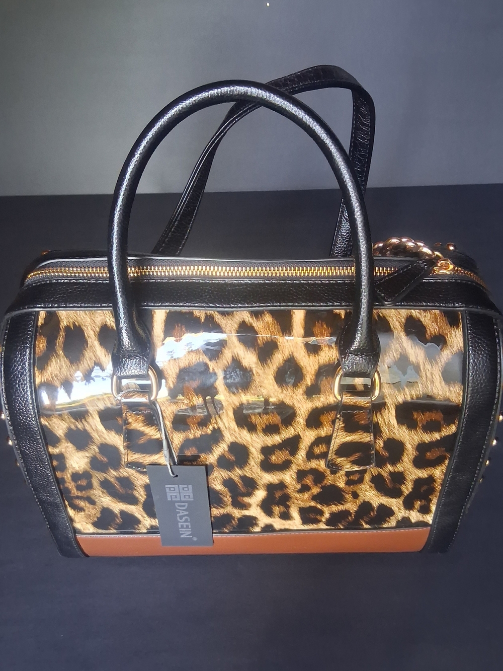 NWT Dasein Patent Faux Leather Leopard Barrel Satchel Bag Vintage Inspired